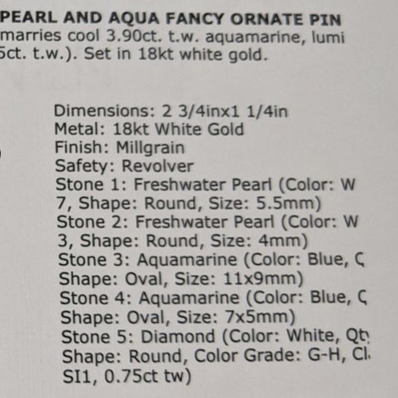 18K/Diamond/Aqua/Pearl Brooch Victorian Style - Picture 9 of 15